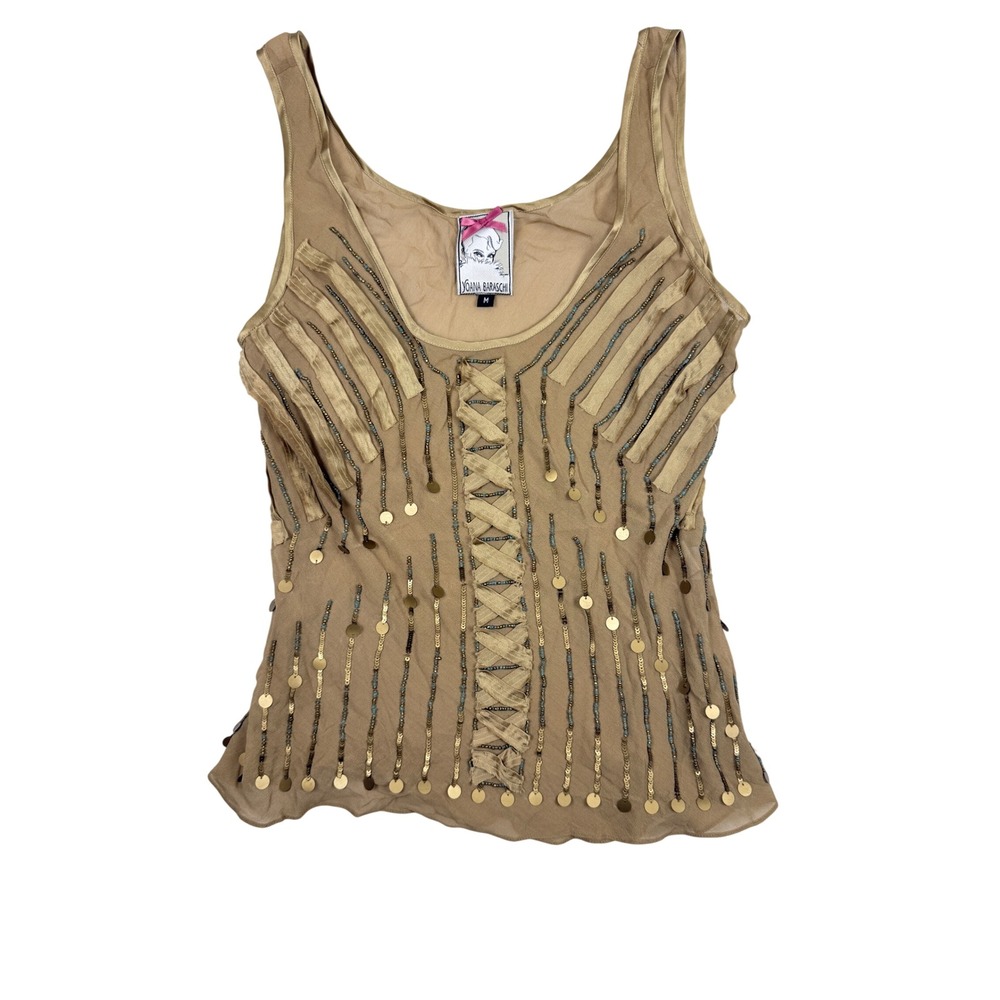 Y2K Yoana Baraschi Silk Beaded Boho Tank Top Womens Medium Tan